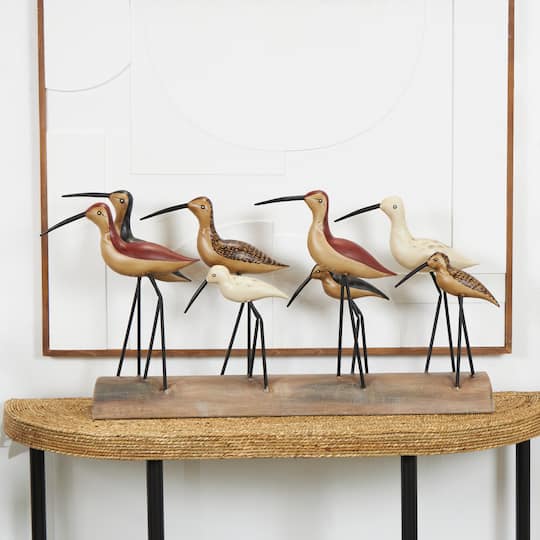 37" Brown Wood Bird Sculpture with Red Accents and Log Base
